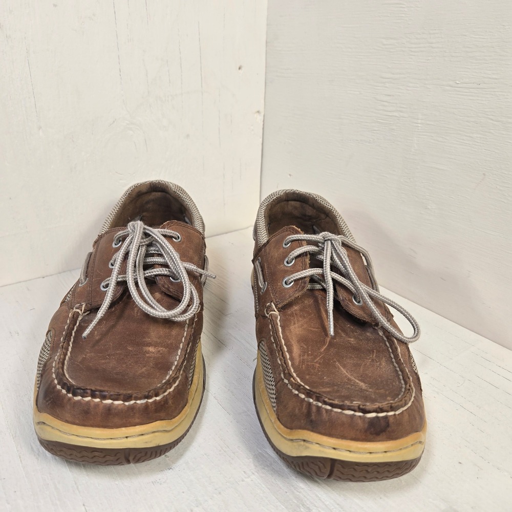 St John's Bay Men's Size 10M Brown Leather Boat Shoes Mesh Deck Shoes